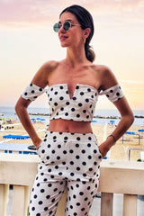 White Polka Dot Bardot and Trousers Co-ord Set - Jorgina