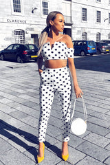 White Polka Dot Bardot and Trousers Co-ord Set - Jorgina
