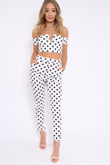 White Polka Dot Bardot and Trousers Co-ord Set - Jorgina