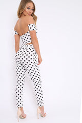 White Polka Dot Bardot and Trousers Co-ord Set - Jorgina