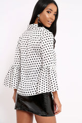 White and Black Polka Dot Shirt with Bell Sleeves - Harper