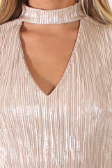 Rose Gold Metallic Pleated High Neck Cut Out Crop Top - Polly