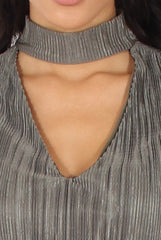 Khaki Metallic Pleated High Neck Cut Out Crop Top - Polly