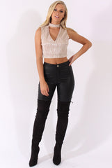 Rose Gold Metallic Pleated High Neck Cut Out Crop Top - Polly
