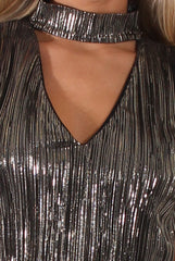 Black Metallic Shimmer Pleated High Neck Cut Out Crop Top - Polly