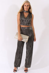 Black Metallic Shimmer Pleated High Neck Cut Out Crop Top - Polly