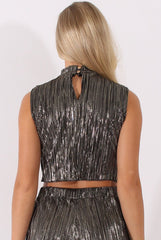 Black Metallic Shimmer Pleated High Neck Cut Out Crop Top - Polly