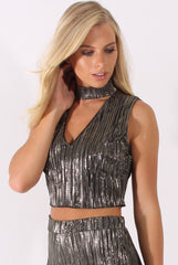 Black Metallic Shimmer Pleated High Neck Cut Out Crop Top - Polly