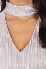 Grey Metallic Pleated High Neck Cut Out Crop Top - Polly