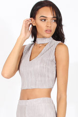 Grey Metallic Pleated High Neck Cut Out Crop Top - Polly