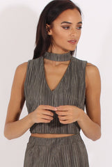 Khaki Metallic Pleated High Neck Cut Out Crop Top - Polly