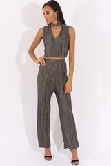 Khaki Metallic Pleated High Neck Cut Out Crop Top - Polly
