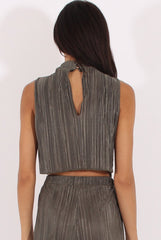 Khaki Metallic Pleated High Neck Cut Out Crop Top - Polly