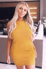 Mustard Button Front Knitted Jumper Dress - Adalei