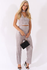 Grey Metallic Shimmer Pleated High Neck Cut Out Crop Top - Polly