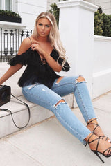 Light Wash Fray Hem Distressed Boyfriend Jeans - Kaiah