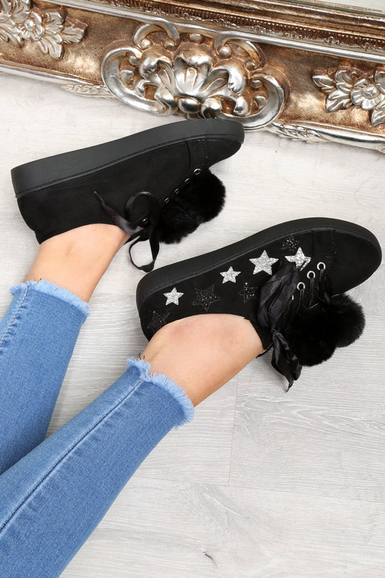 Black Faux Suede Pom Pom Trainers - Ellany
