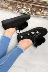 Black Faux Suede Pom Pom Trainers - Ellany
