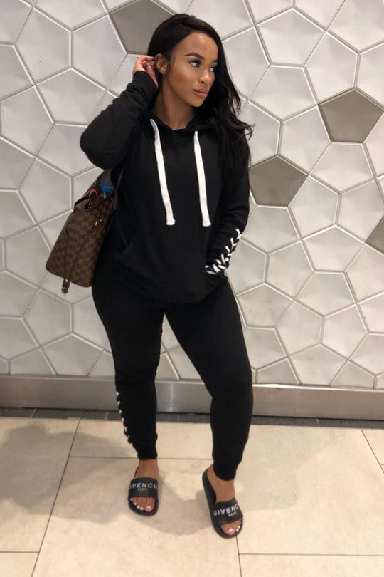 Black Lace Detail Hooded Drawstring and Jogger Set - Jamiya