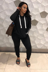 Black Lace Detail Hooded Drawstring and Jogger Set - Jamiya