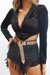 Black Corset Detail Plunge Blouse - Poppy