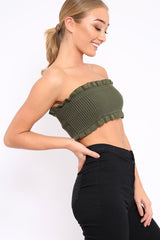 Khaki Knit Frill Bandeau Crop Top - Poppy