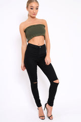 Khaki Knit Frill Bandeau Crop Top - Poppy