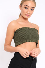 Khaki Knit Frill Bandeau Crop Top - Poppy