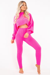 Neon Pink Cable Knit Batwing Jumper Loungwear Set - Janea