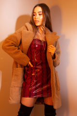 Wine Snake Coated Straight Neck Mini Dress - Preslynn