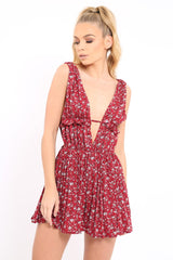 Red Floral Print Plunge Tie Back Pleated Playsuit - Remy