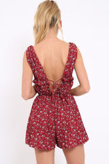 Red Floral Print Plunge Tie Back Pleated Playsuit - Remy
