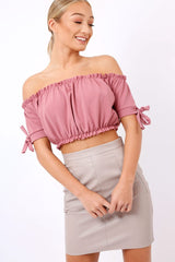 Plum Ruched Bardot Gypsy Crop Top - Janette