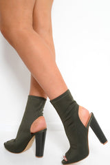 Khaki Stretch Peep Toe Heeled Boots - Queen