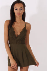 Khaki Crochet Cross Back Playsuit - Quinn