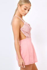 Pink Crochet Cross Back Playsuit -Quinn