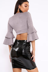 Grey Faux Suede Plunge Front Crop Top - Quorra