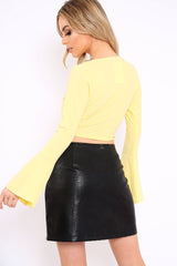 Yellow Wrap Over Tie Front Flare Sleeves Crop Top - Rabab