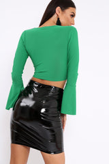 Green Wrap Over Tie Front Flare Sleeves Crop Top - Rabab