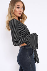 Black Stripe Wrap Over Tie Front Flare Sleeves Crop Top - Rabab