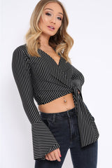 Black Stripe Wrap Over Tie Front Flare Sleeves Crop Top - Rabab