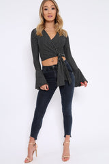 Black Stripe Wrap Over Tie Front Flare Sleeves Crop Top - Rabab