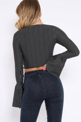 Black Stripe Wrap Over Tie Front Flare Sleeves Crop Top - Rabab