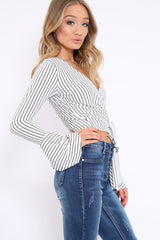 White Stripe Wrap Over Tie Front Flare Sleeves Crop Top - Rabab