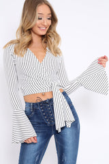White Stripe Wrap Over Tie Front Flare Sleeves Crop Top - Rabab