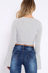 White Stripe Wrap Over Tie Front Flare Sleeves Crop Top - Rabab