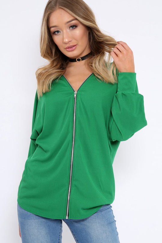 Green Ribbed Oversized Zip Front Top - Rabecca