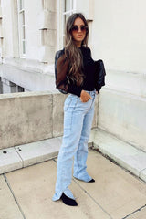 Black Ribbed Sheer Puff Sleeve Top - Orly