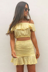 Yellow Broderie Lace Bardot Crop Top Skirt Co-Ord - Dahlia