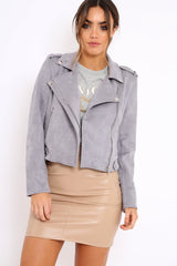 Grey Suedette Biker Jacket - Rachel